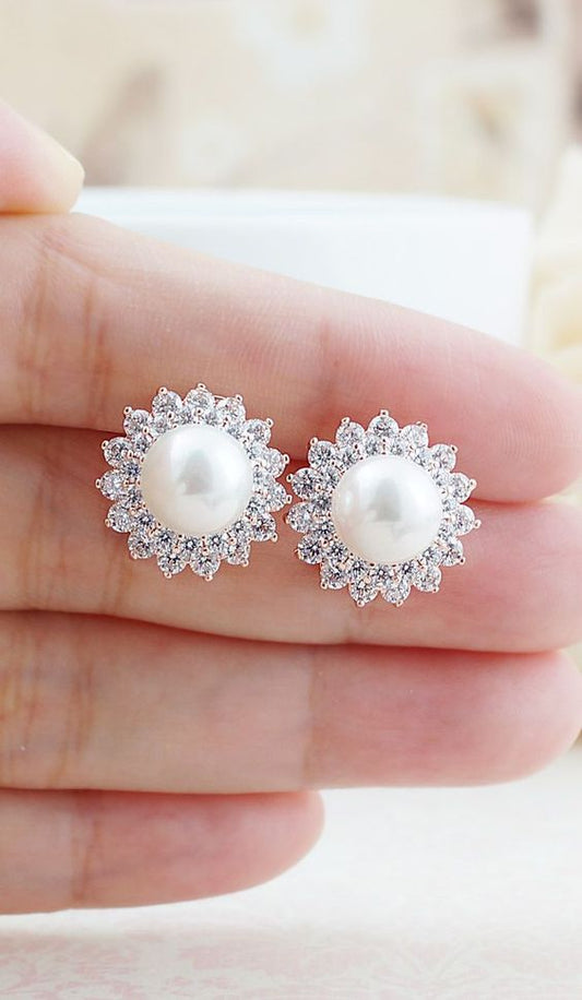 925 Silver Pearl and Diamond Stud Earrings